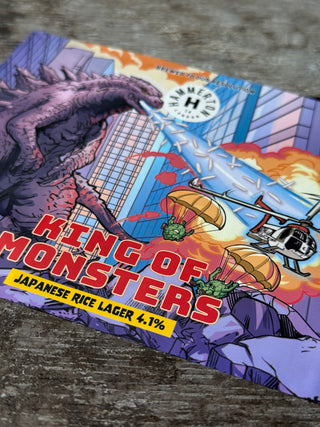 King of Monsters craft beer can from Hammerton Brewery, featuring bold artwork inspired by classic monster movies.